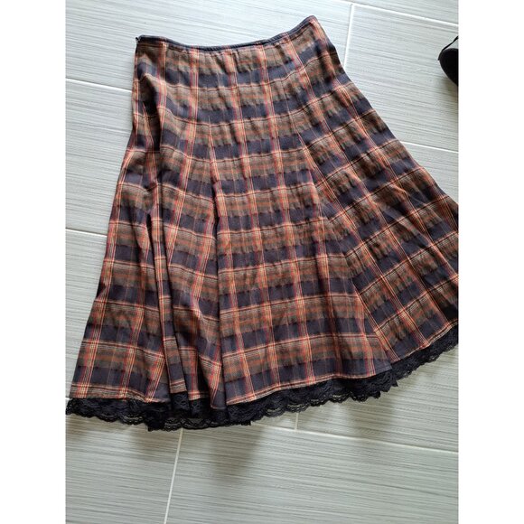 Vtg Plaid Skirt Medium Brown Dark Academia Preppy Women's Lace Trim - Picture 5 of 7